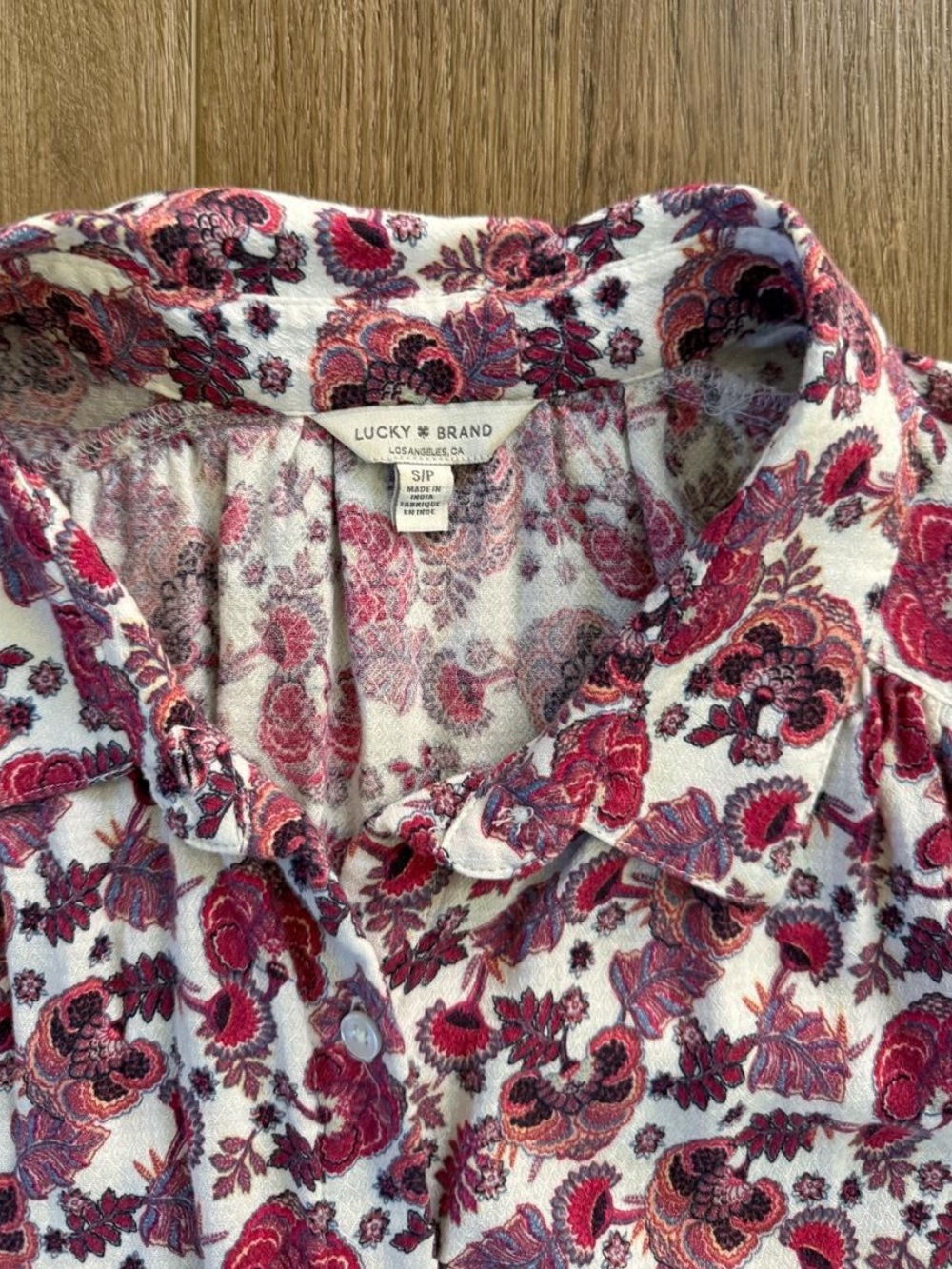 Lucky Brand White Blouse with Pink & Burgundy Floral Print